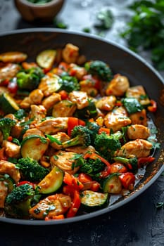 A pan filled with a delicious blend of chicken, broccoli, zucchini, bell peppers, chili peppers, and other vegetables. A nutritious and colorful meal