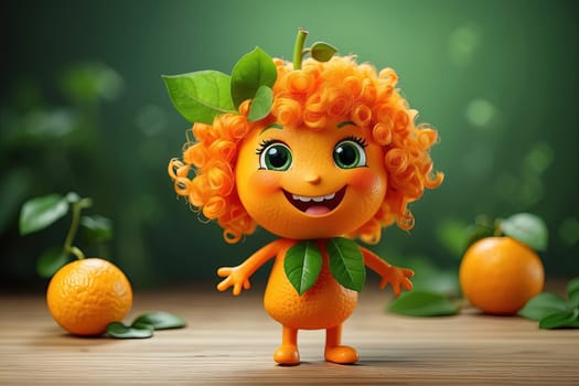 Funny orange leprechaun with green leaves and mandarins. Generative AI.