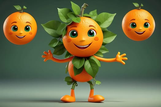 Cute orange character with green leaves - 3D render of fruit mascot. Generative AI.