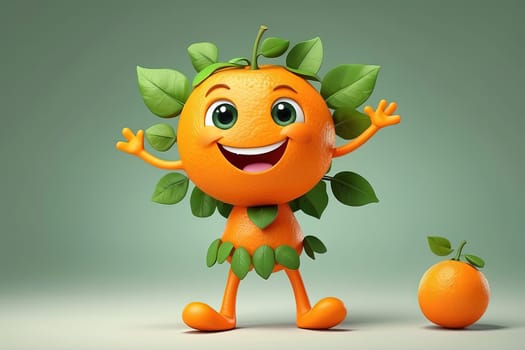 Orange fruit character with green leaves. Generative AI.