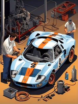 Auto repair service. Auto mechanic repairing a car. Vector illustration. Generative AI.