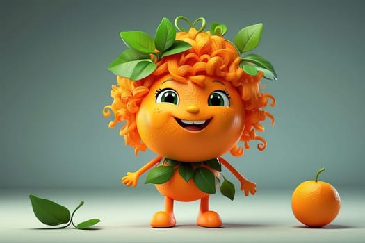 Orange cartoon character with green leaves and oranges fruit - 3d illustration. Generative AI.