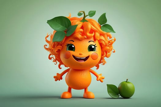 Cute orange character with lime and leaves, 3d rendering. Generative AI.