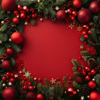 A festive red background adorned with Christmas ornaments, branches, and holiday decorations. Creative arts and woody plants combine to create a beautiful holiday scene