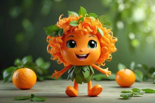 Funny orange cartoon boy with leaves and tangerines on wooden table. Generative AI.