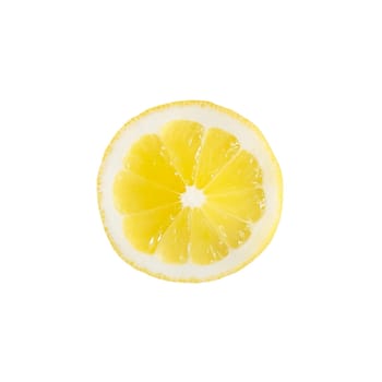 Top view of textured ripe slice of lemon citrus fruit isolated on white background.