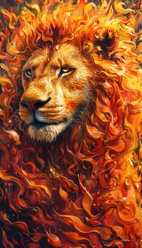 A stunning painting of a Felidae depicting a Masai lion with flames emanating from its majestic mane. The handcrafted art showcases the power and beauty of this terrestrial carnivore