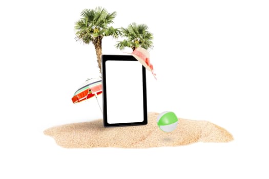 Tablet, mobile phone screen with palms and beach umbrella on the sandy beach isolated in white. Summer concept