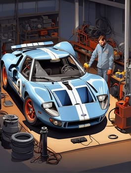 Mechanic repairing a blue sports car in auto repair service station. Generative AI.