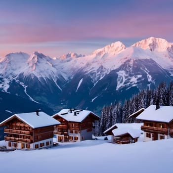 Twilight Serenity: Panoramic View of the Idyllic Winter Mountains in the Alps