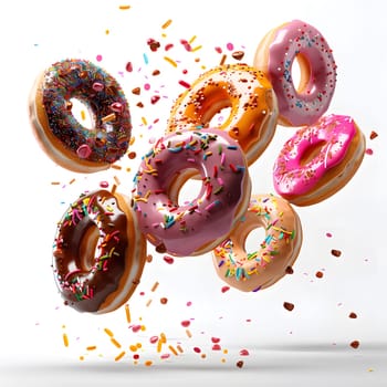 A variety of doughnuts with sprinkles are floating in the air, showcasing a delectable treat made with sugar, flour, and other ingredients