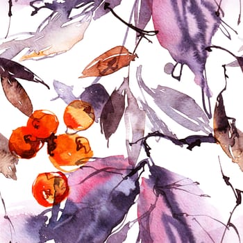 Watercolour tree branch with leaves and berries. Hand drawn modern painting, chinese painting. Seamless pattern. Hand drawn, not AI.