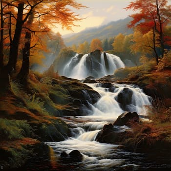 Autumn's Cascading Symphony: A Majestic Waterfall Landscape