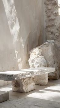 A stone bench is placed against a stone wall in a room. The combination of building materials creates a sturdy and natural aesthetic in the space