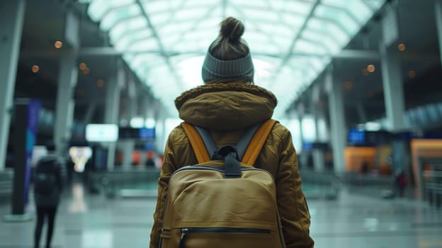 Rear view of traveller young person at the airport terminal hall with a backpack as luggage in winter time.