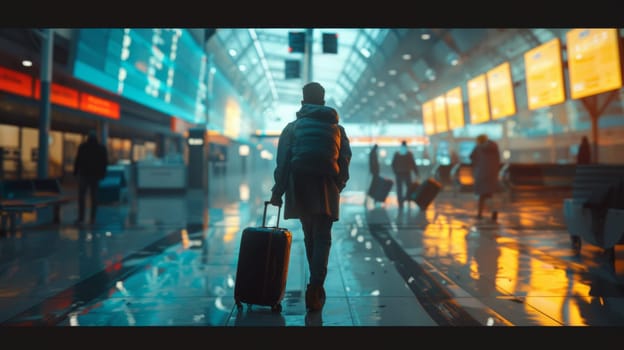 Rear view of traveller man walking with a suitcase in a modern and futuristic airport terminal.