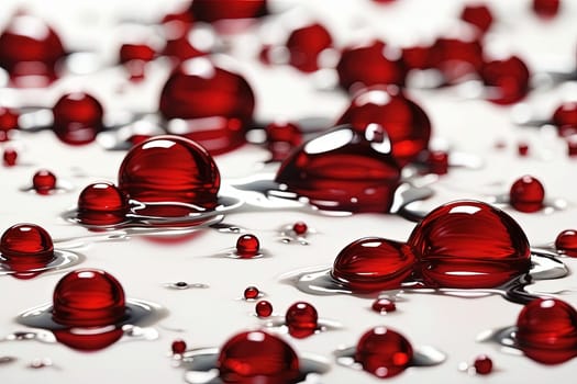 Red drops of water on a white background. Shallow depth of field. Generative AI.