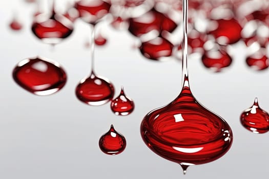 Drops of red water on a gray background. 3d rendering. Generative AI.