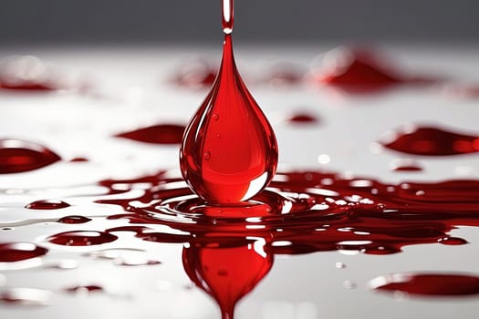 Falling drops of red liquid water. 3d rendering. Generative AI.