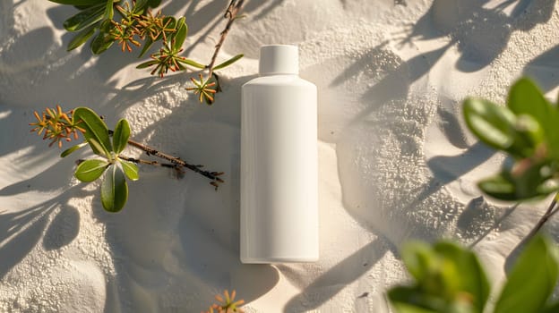 A white bottle rests on the sandy beach, surrounded by terrestrial plants and trees. The serene landscape is dotted with twigs and grass, creating a picturesque scene