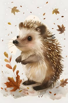 A domesticated hedgehog, part of the Rodent family, with carnivorous diet, and whiskers, is standing in the snow surrounded by leaves