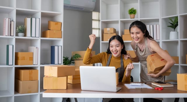 Couple of young Asian women running a small business together selling products online using laptops.