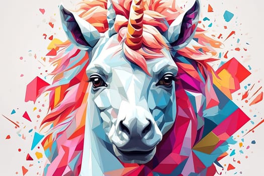 illustration of a white unicorn head with multicolored abstract background. Generative AI.