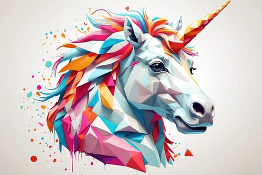 Unicorn head with rainbow mane. Vector polygonal illustration. Generative AI.