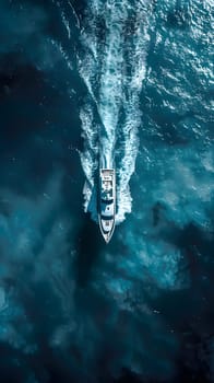 An electric blue boat peacefully floats on the liquid surface of the water, surrounded by a natural landscape of trees and wind waves