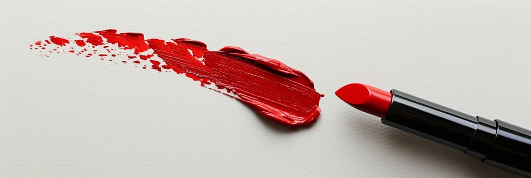 A close-up of a vibrant red matte lipstick drawing a swatch line on a white surface, showcasing its classic elegance.