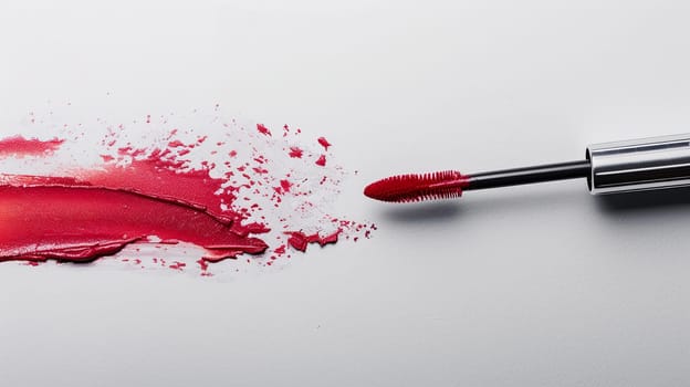 Close up of a lipstick with a brush creating a swatch line of classic red matte lipstick on paper.