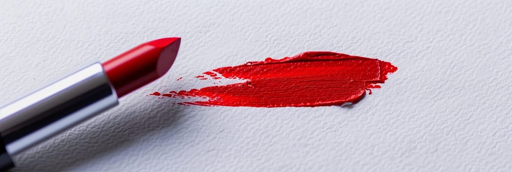 A close-up of a vibrant red lipstick making a bold swatch on a piece of blank paper, leaving a classic matte finish.