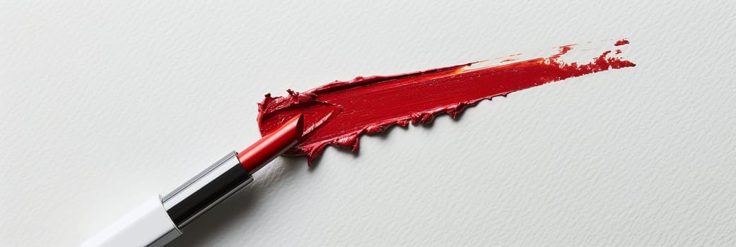 A close-up of a red lipstick swatching on a white surface, leaving behind a classic matte finish.