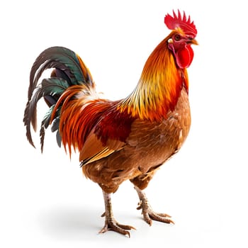 A vibrant Phasianidae bird, known as a rooster, is standing proudly on a white background. It displays a colorful comb, beak, and feathered plumage, a common sight in Galliformes poultry