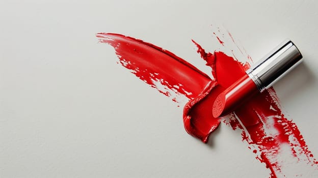 A red lipstick leaves a swatch of color on a white surface, a classic and vibrant display of beauty.