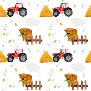 Farm cute animals watercolor seamless pattern. Drawing of a red toy car, bull, duck, haystack, grass and cloud on a white background. Illustration of an agricultural machine. For children's textiles, bed linen, diapers, diapers for boys