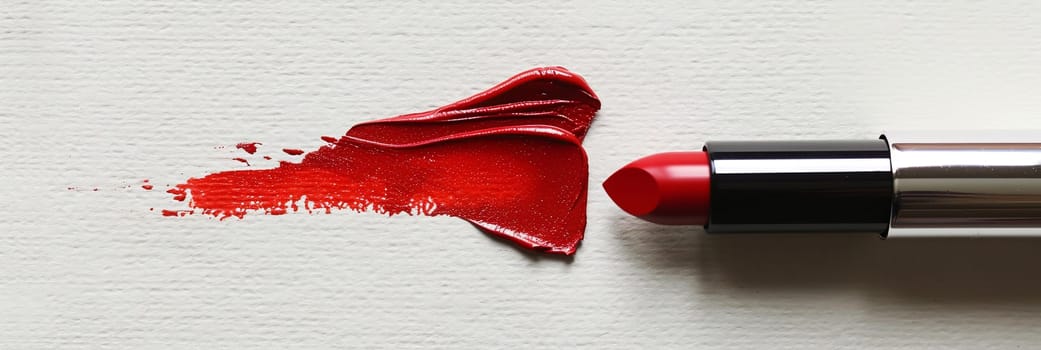 A vibrant red lipstick leaves a matte smear on a white surface while drawing a swatch line.