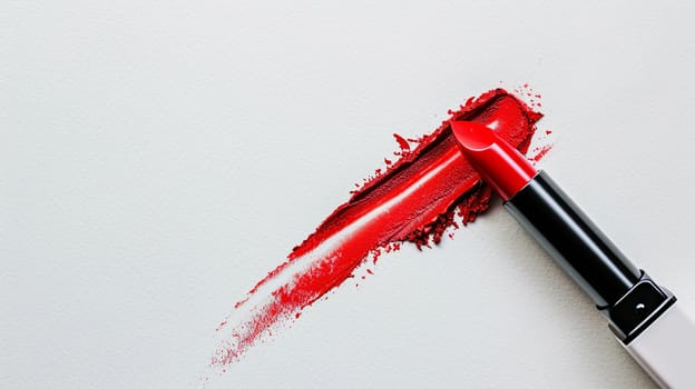 A close-up of a red lipstick creating a swatch line on a white surface.