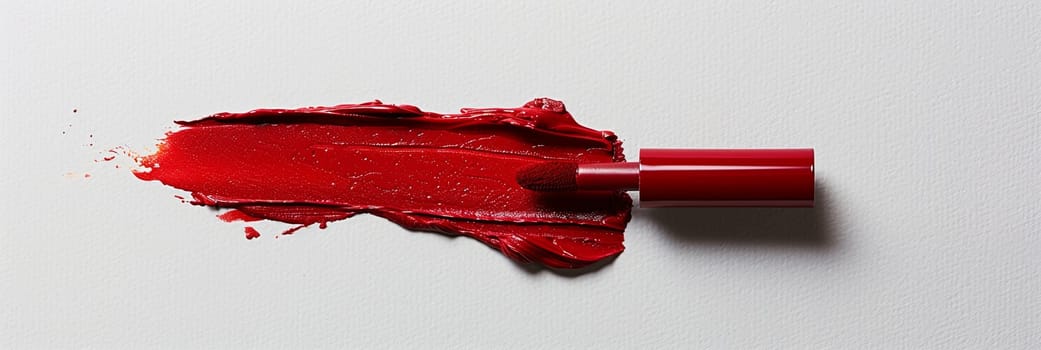 An open red lipstick leaves a vibrant swatch on a white surface, showcasing a smear of classic matte color.