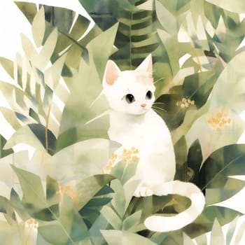 White Cat in Watercolor Tropical Leaves Illustration. Art for Summer Design of Beauty Print, Card.