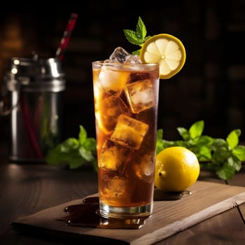 Long Island Cocktail Day with Lemon, Lemon Lime, Ice and Mint Leaves. Coctail Day on Black Background.