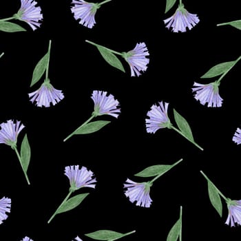 Simple Cornflower Floral Seamless Pattern on a Black Background. Hand Drawn Simple Cornflower Digital Paper. Wild Meadow Flowers Drawn by Colored Pencils.