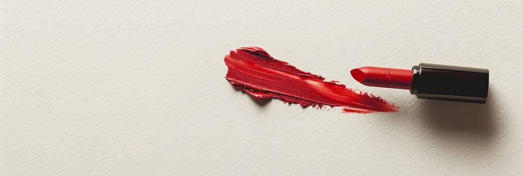 A vibrant red lipstick draws a bold swatch on a white surface, leaving a matte crimson smear with copy space.