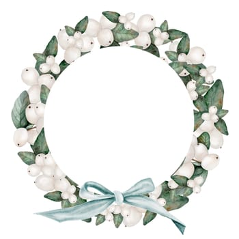 Mistletoe white watercolor. A round wreath made of branches with berries and bow. Frame clip on isolated white background. Ideal for wedding invitations cards for Christmas and New Year. Snowberry realistic drawing. High quality illustration