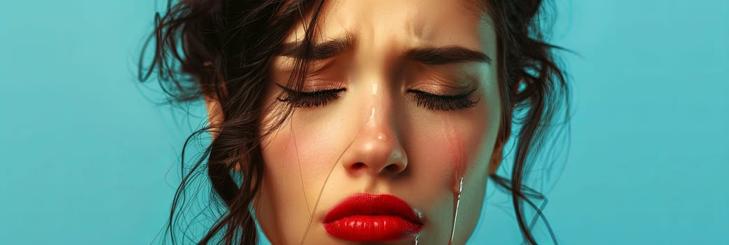 A young woman with streaked mascara and red lipstick, tears flowing down her face, conveying deep sorrow and emotional distress.