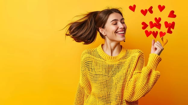 Happy young woman catching social likes hearts on yellow background with copy space. Creative concept of social networks, public approval.