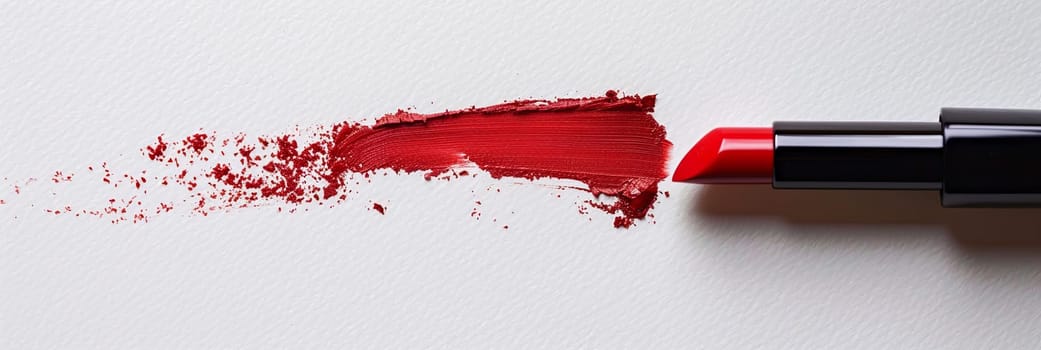 Close-up of a red lipstick with a brush tip creating a bold stroke on paper.