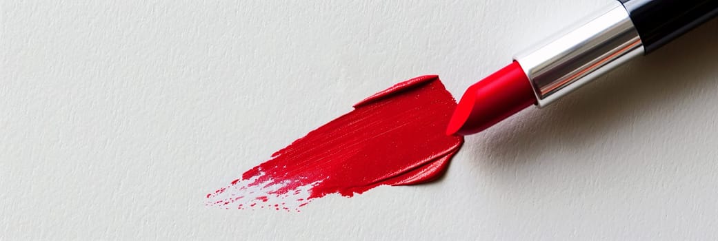 A vibrant red lipstick draws a bold streak on a white surface, leaving a classic matte finish and creating copy space.