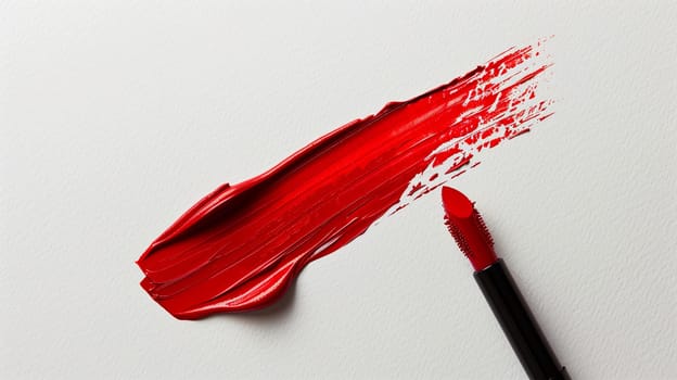 A close-up of a vibrant red lipstick leaving a matte swatch on a white surface.