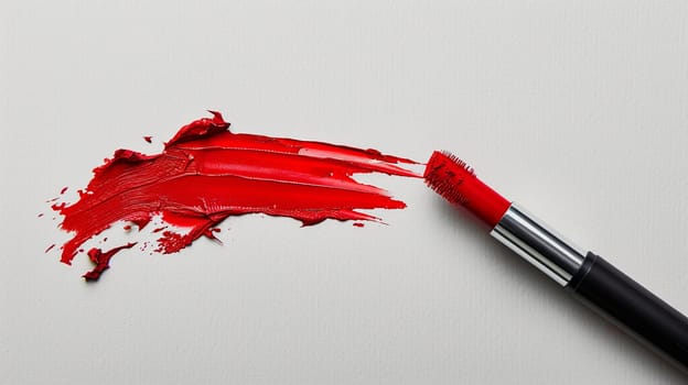 A close-up of a vivid red lipstick smudge on a pristine white surface, conveying a sense of artistry and creativity.